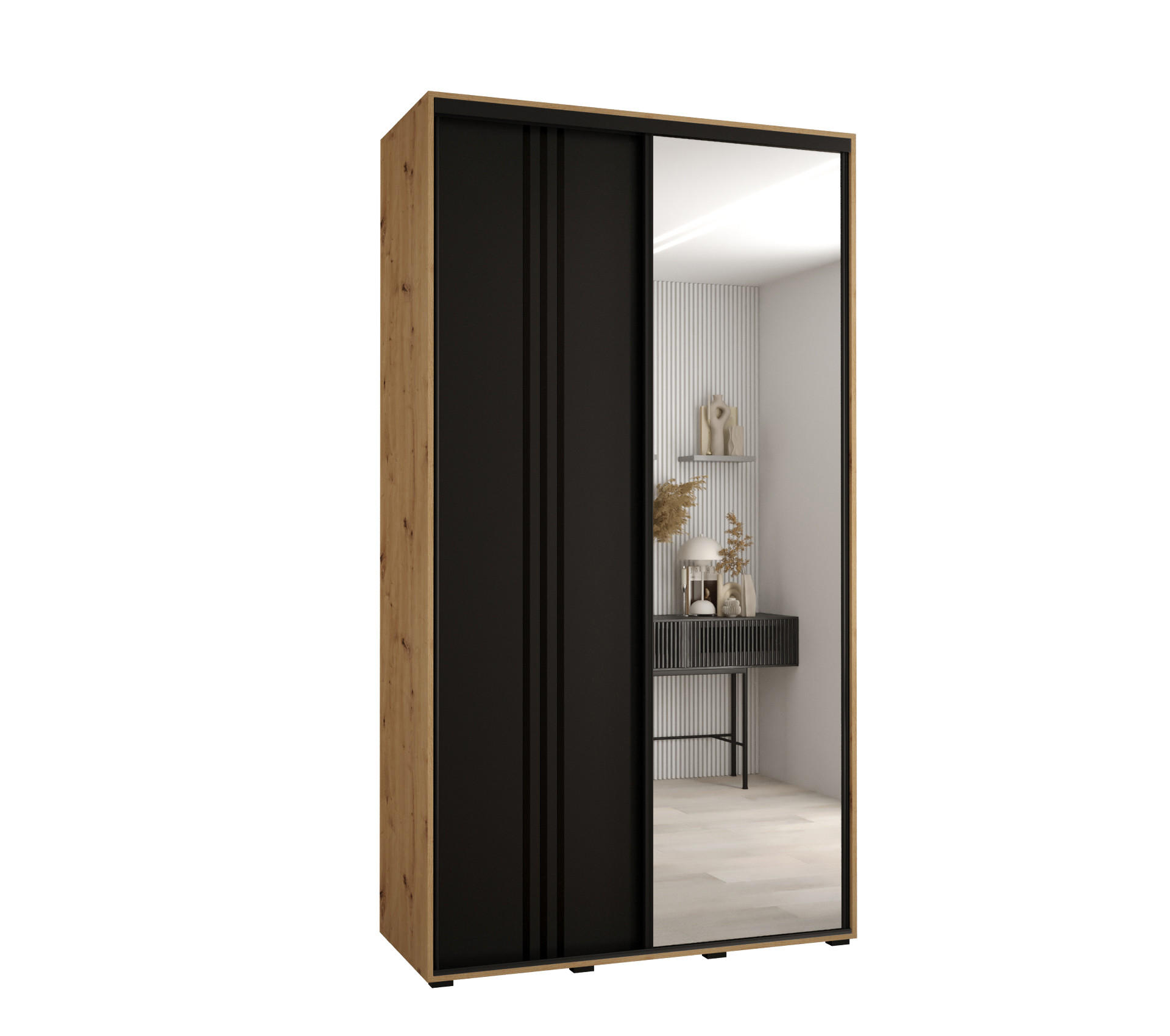 Abiks Möbel Schwebetürenschrank Eiche Artisan, Schwarz, Schwarz 130x235x60 cm