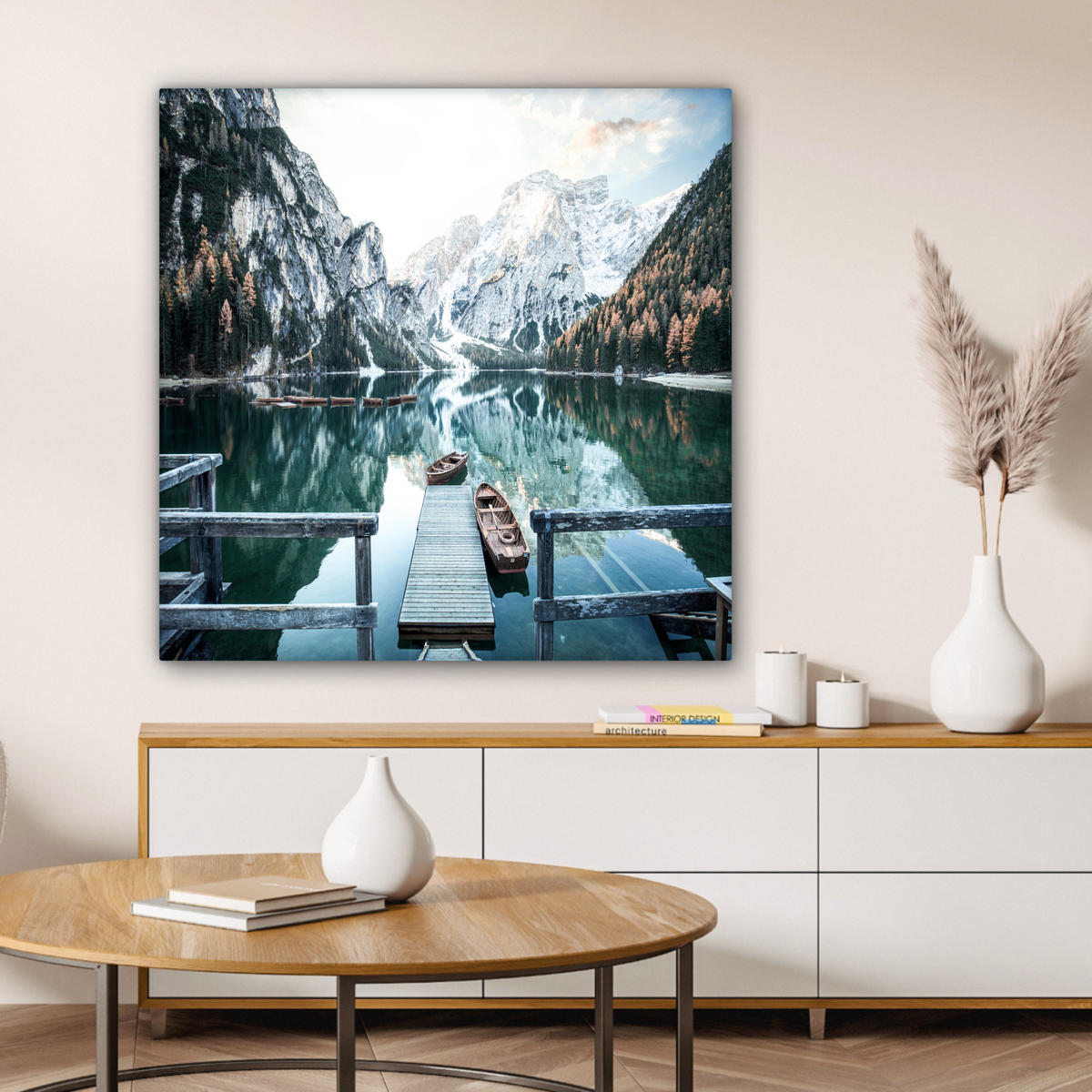 LEINWANDBILD Natur - Berge - Schnee - Wald - Boot Deko Groß 90x90 cm - Hellgrün, Textil (90/90cm) - MuchoWow