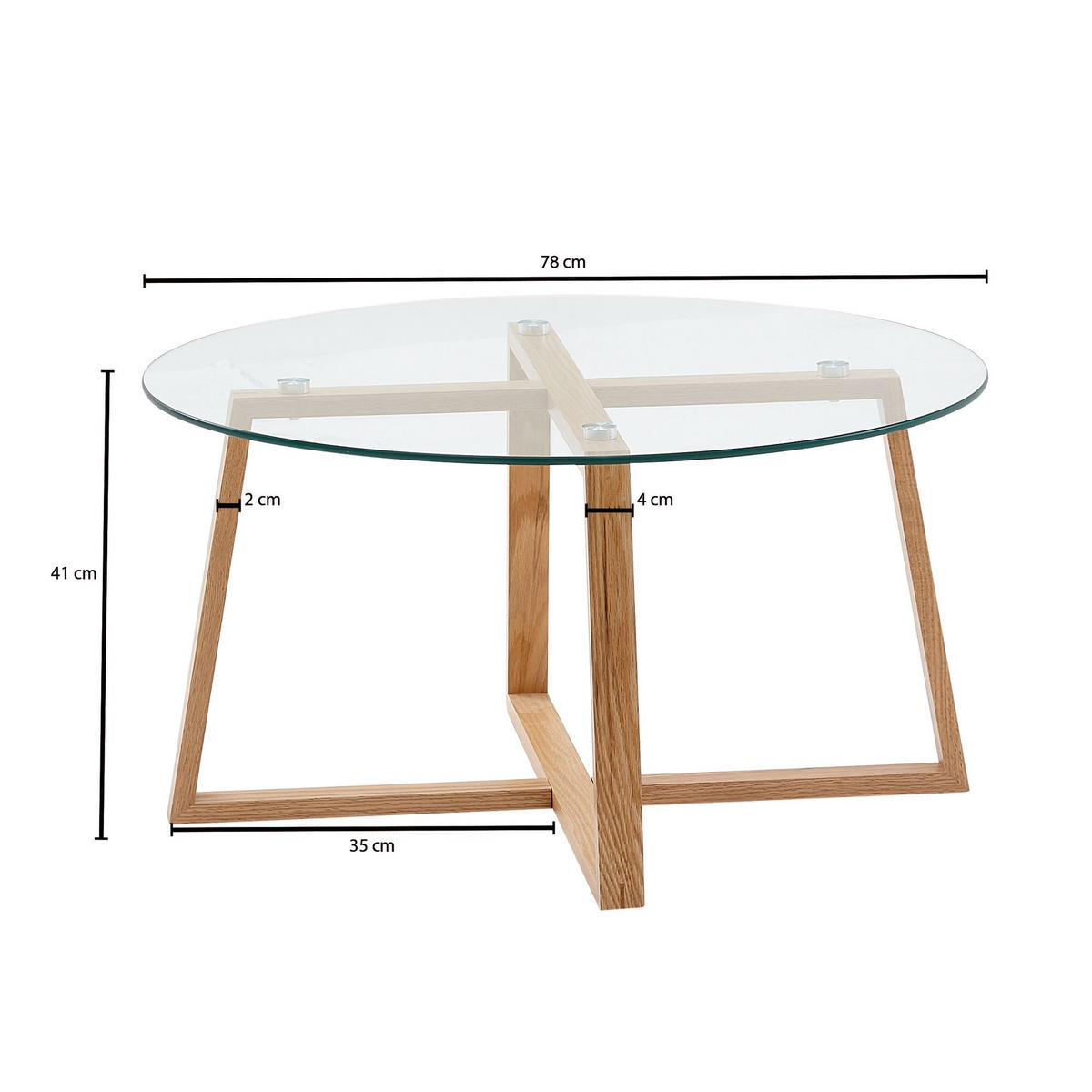 COUCHTISCH in Eiche mit transparenter Glasplatte und überkreuztem Gestell, modernes Design - Beige/Braun, Glas/Eichenholz (78/78/41cm) - KADIMA DESIGN