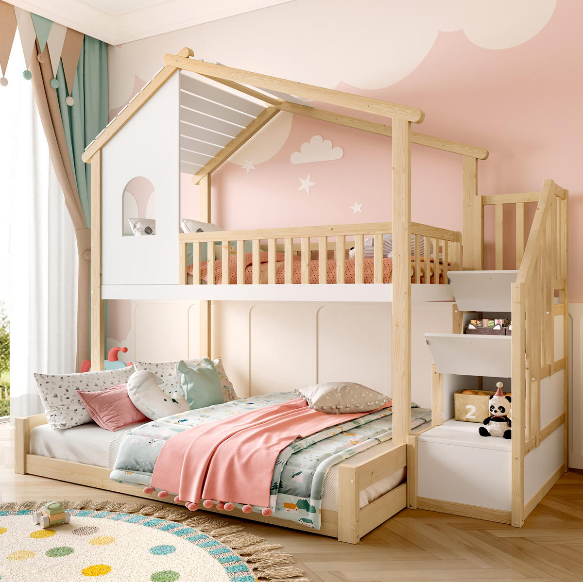 ETAGENBETT mit Bettgitter und Stauraumleiter, Natur/Weiß, 90/140/200 cm - Naturfarben, Holz (140/200cm) - MIVRAY