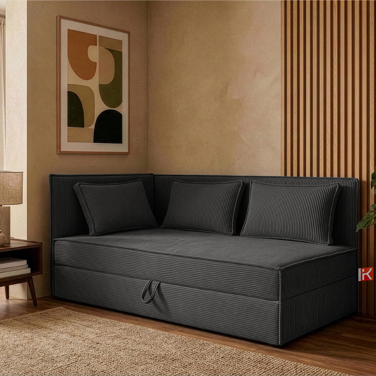 JUGENDBETT ROTI Einzelbett mit Bettkasten, 90x200cm, Bett mit Bonellmatratze, mit Rückenlehne - Dunkelgrau/Schwarz, Holz/Holzwerkstoff (92/200cm) - KONSIMO®