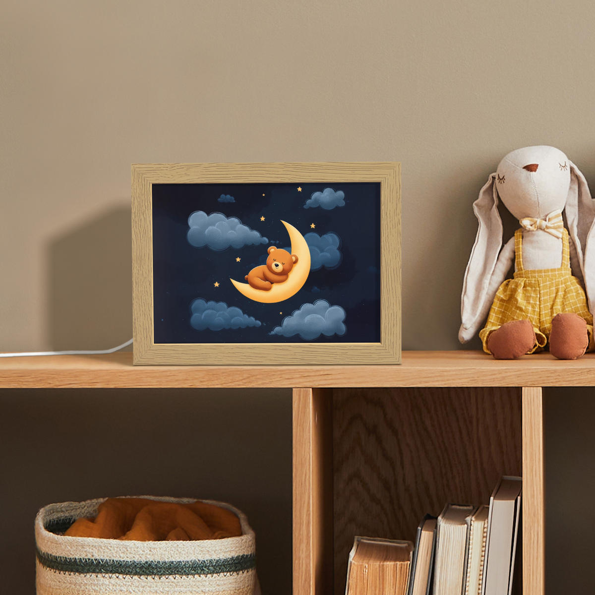 NACHTTISCHLAMPE Teddybär - Mond - Wolken - Sterne 20x15 cm - Dunkelblau, Holzwerkstoff (8/20/15cm)