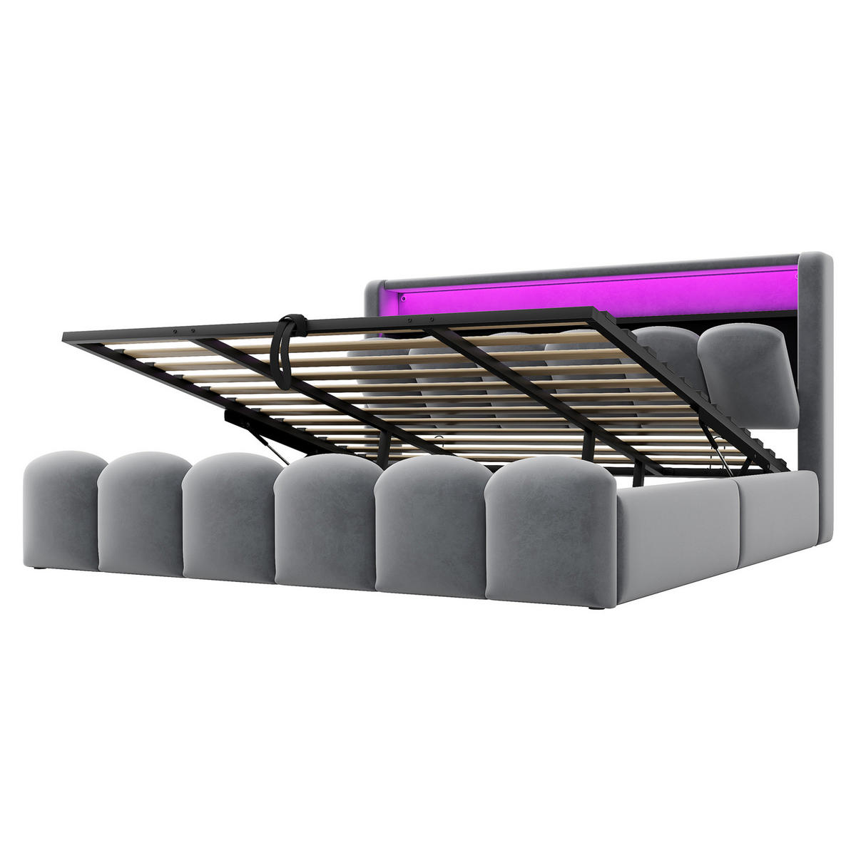 ČALÚNENÁ posteľ 180/200 cm s LED osvetlením, USB a Type-C portmi, hydraulickým úložným priestorom a zamatovým poťahom, Sivá - sivá, textil (180/200cm) - Redom