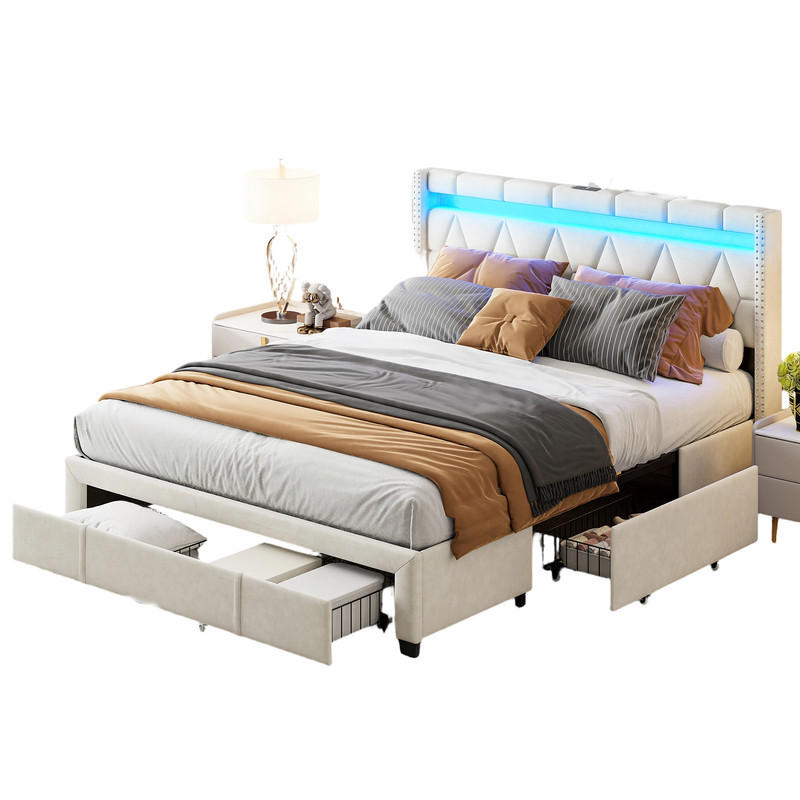KLÄDD säng 160x200 cm beige tyg LED USB 4 lådor - Beige, Trä (160/200cm) - SHOPENTRA