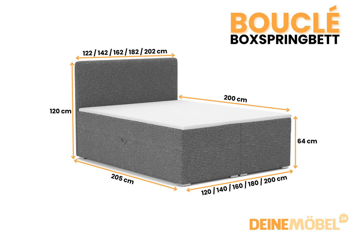 BOXBETT BOUCLE 140/200 in Boucle Graphit H3 - Graphitfarben, Holz/Holzwerkstoff (140/200cm) - Deine Möbel 24