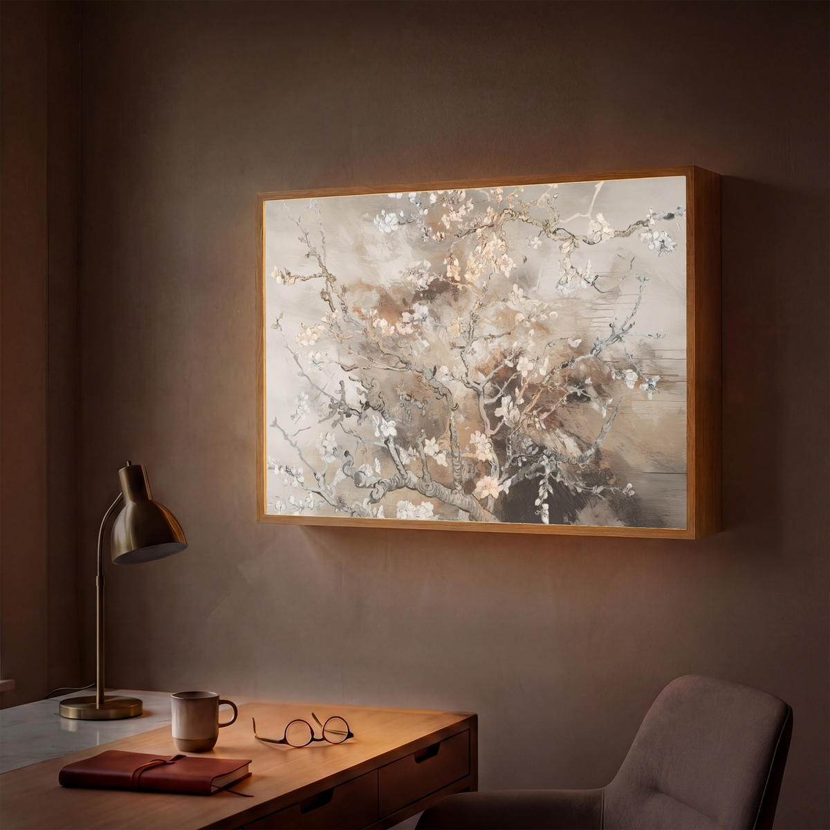 NÁSTĚNNÁ LAMPA S AKUMULÁTOREM Mandlový květ - Umění - Van Gogh - Béžová - Abstraktní 100x70 cm - šedohnědá, kompozitní dřevo (100/70/8cm) - OnlyWow