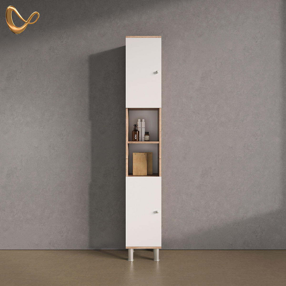 BADSCHRANK Fucino Sonoma 30 x 190 cm - Weiß/Sonoma Eiche, Holzwerkstoff (30/190/30cm) - Livinity®
