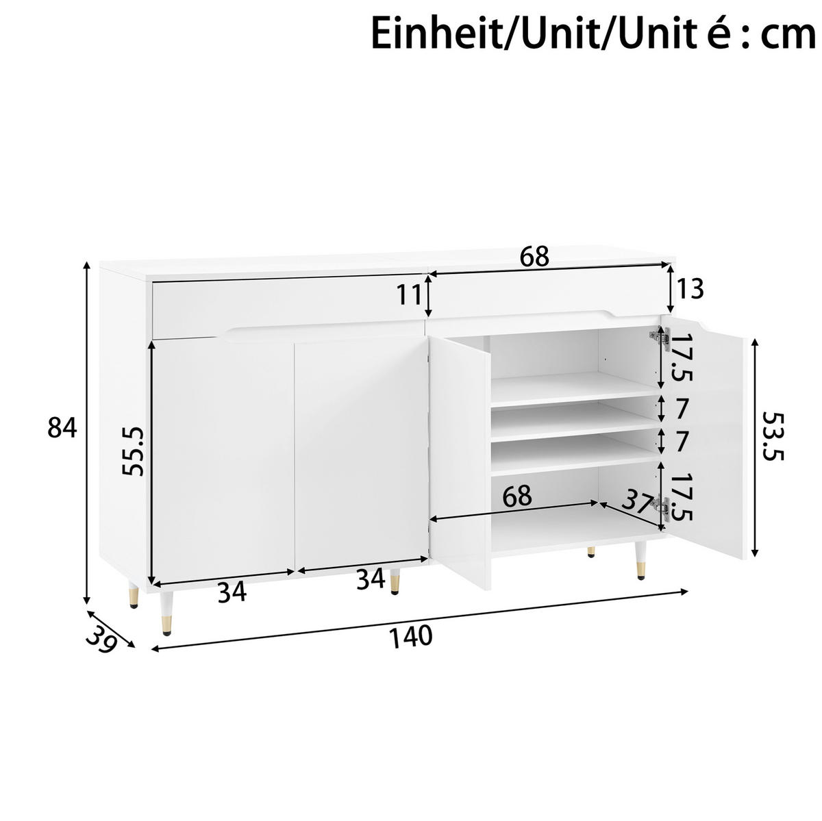 SCHUHSCHRANK mit 2 Türen und 2 Schubladen 140 x 39 x 84 cm Weiß - Weiß, Holz (39/84/140cm) - Beauniv