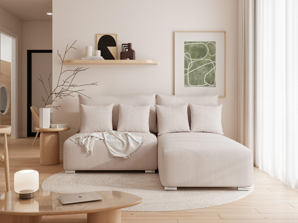 ECKSOFA ELVO mit Schlaffunktion und Bettkasten Creme - Creme, Holzwerkstoff/Kunststoff (208/190cm) - Idohome