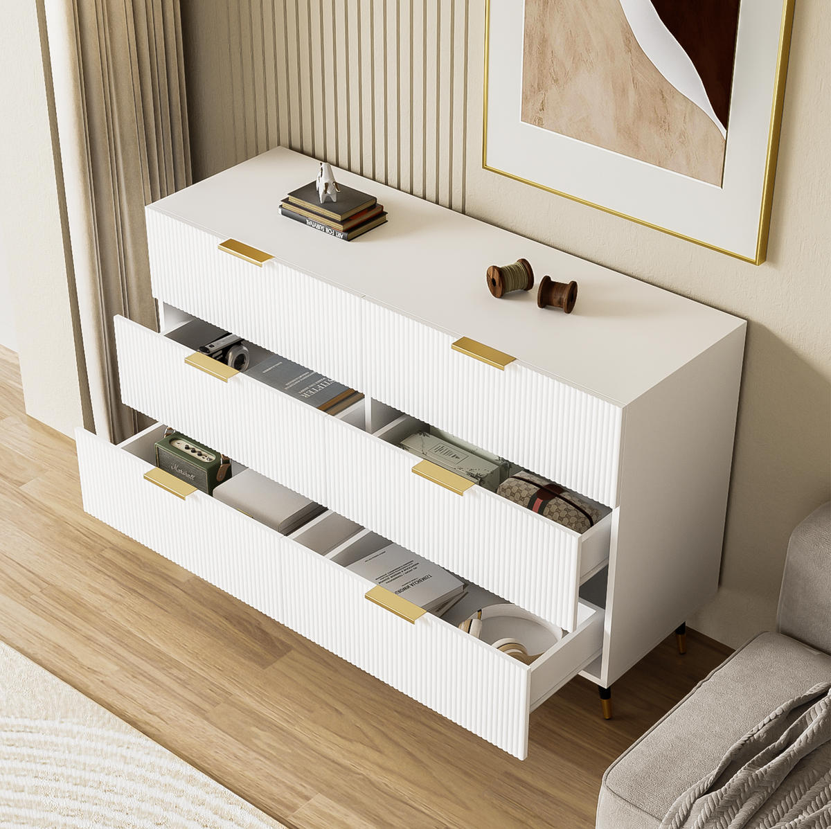 SIDEBOARD mit 6 Schubladen, mit goldenen Griffen und Beinen, modernes Wellendesign, 120/40/77 cm, Weiß - Weiß, Holzwerkstoff (120/40/70cm) - Redom