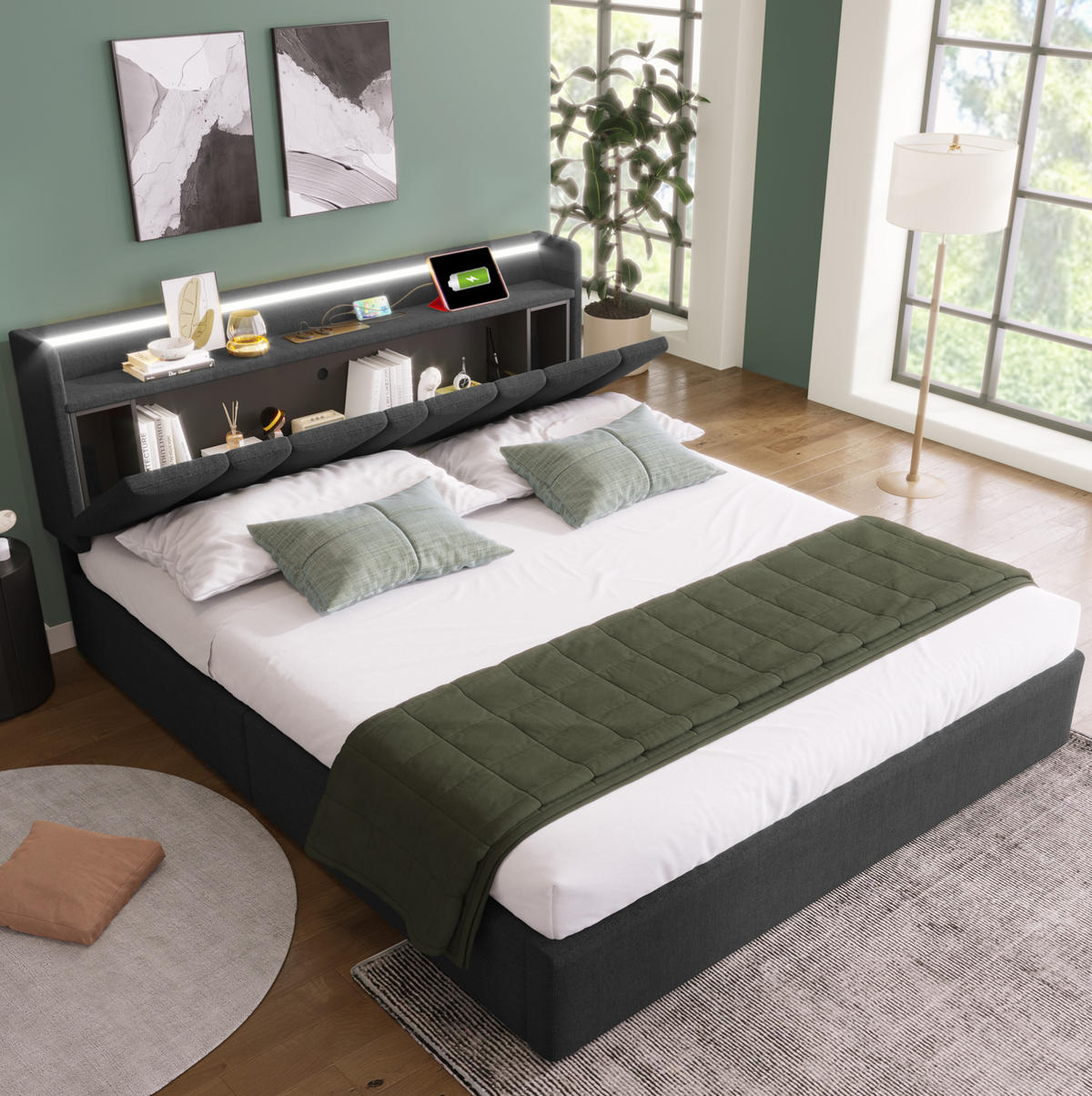 POLSTERBETT 140/200 cm mit LED-Beleuchtung, USB-, Type-C- und Steckdosenanschluss, Stauraum-Kopfteil, Grau - Grau, Textil (140/200cm) - Redom
