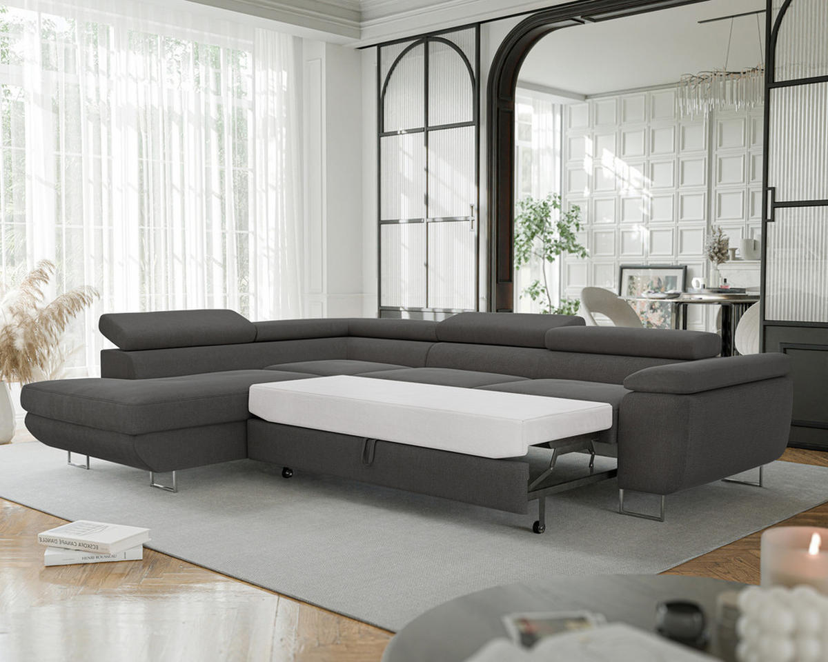 ECKSOFA ANTON mit Schlaffunktion und Bettkasten Anthrazit - Anthrazit, Holzwerkstoff/Kunststoff (274/203cm) - Idohome