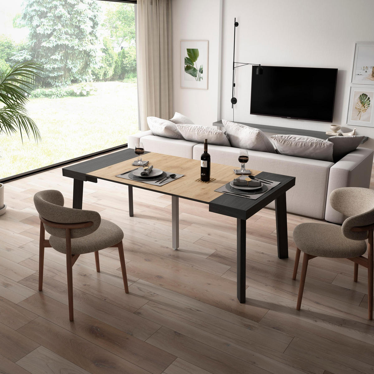 KONSOLENTISCH ausziehbar 58 bis 180cm, für 8 Gäste, schwarz eiche, 90/58/73cm - Eichefarben/Schwarz, Holzwerkstoff (90/180/73cm) - Skraut Home