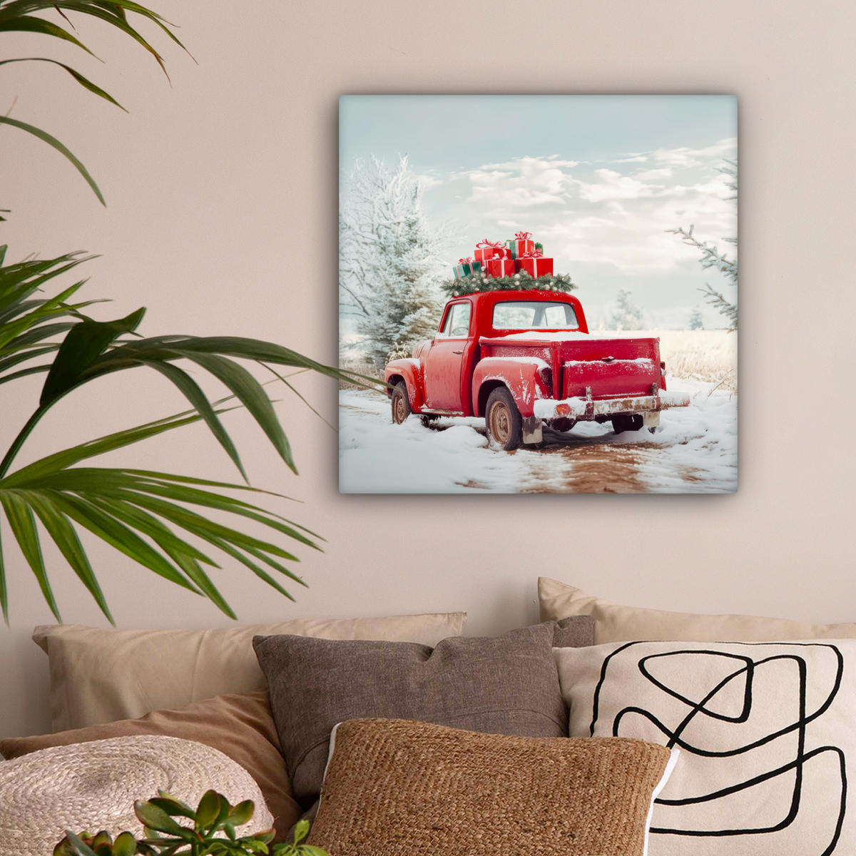 LEINWANDBILD Auto - Rot - Geschenke - Winter - Schnee - Weihnachten Wandbild Wohnzimmer 50x50 cm - Rot, Textil (50/50cm) - MuchoWow