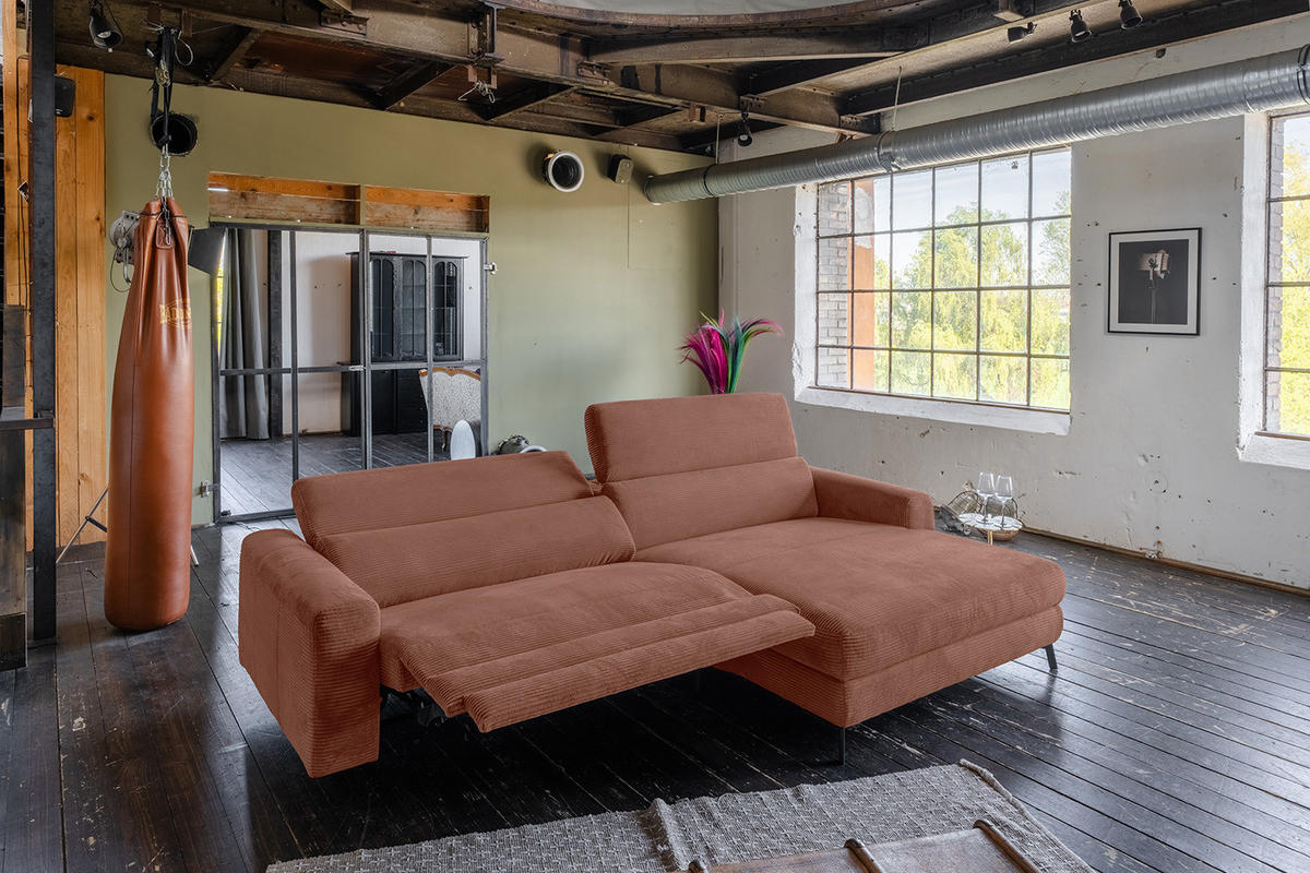 ECKSOFA LAISKA Braun Cord Relaxfunktion - Dunkelbraun/Schwarz, Textil/Metall (282/177cm) - KAWOLA