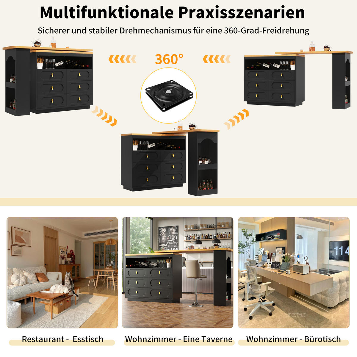 BARTISCH, MDF ausziehbar & drehbar mit Stauraum, 137-203/39/90 cm, Schwarz - Schwarz, Holzwerkstoff (39/90/137cm) - Redom