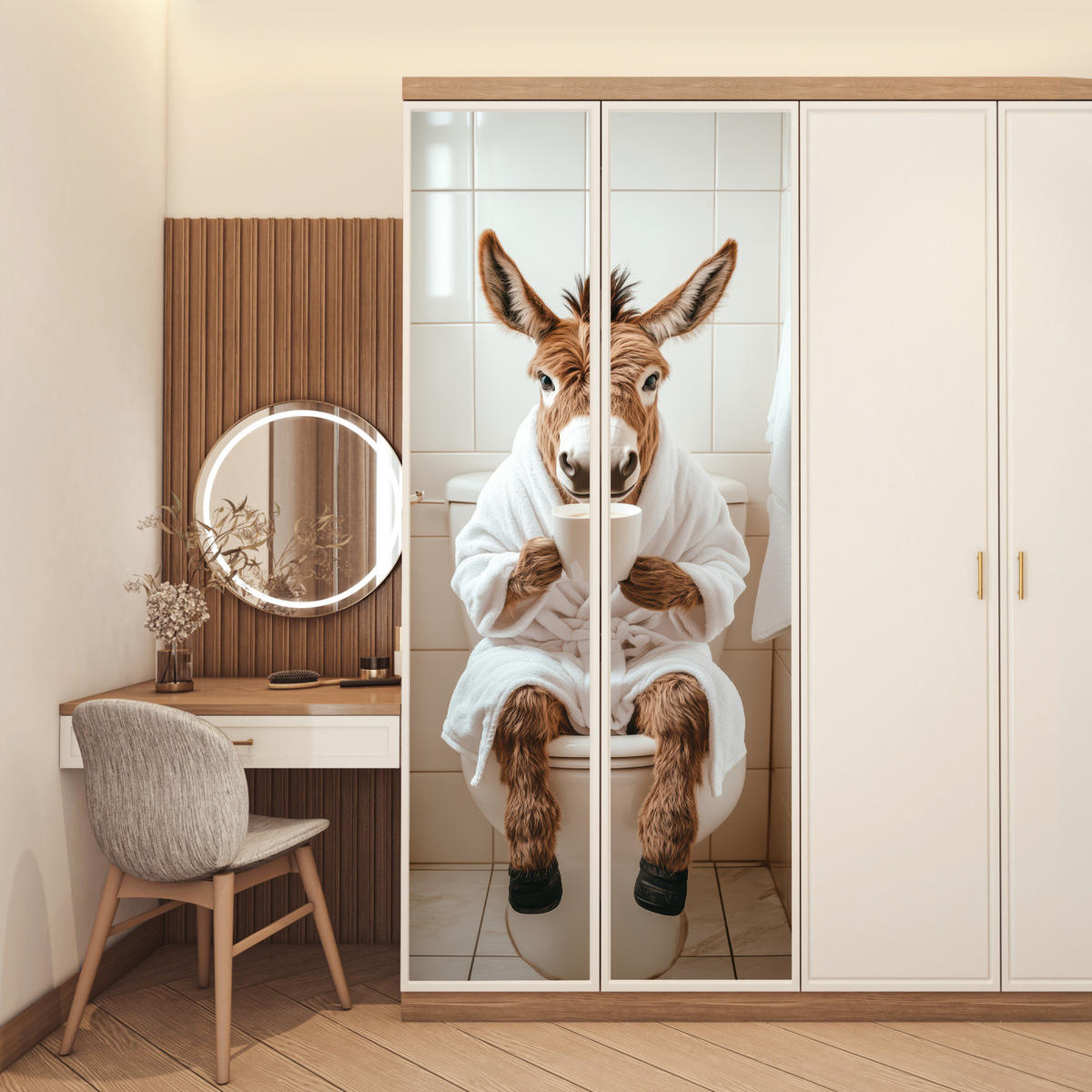 TÜRAUFKLEBER Selbstklebend - Esel - WC - Lustig - Bademantel - Tier 95x235 cm - Türtapete - Beige, Kunststoff (95/0.1cm) - MuchoWow