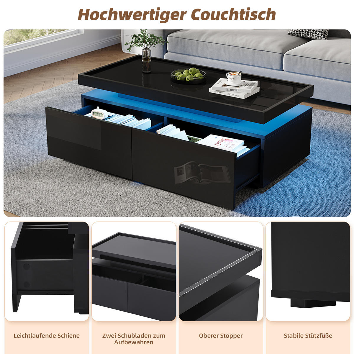 COUCHTISCH DE-068 LED-Schubladen Schwarz - Schwarz, Holzwerkstoff (45/95/35cm) - ComfortXL
