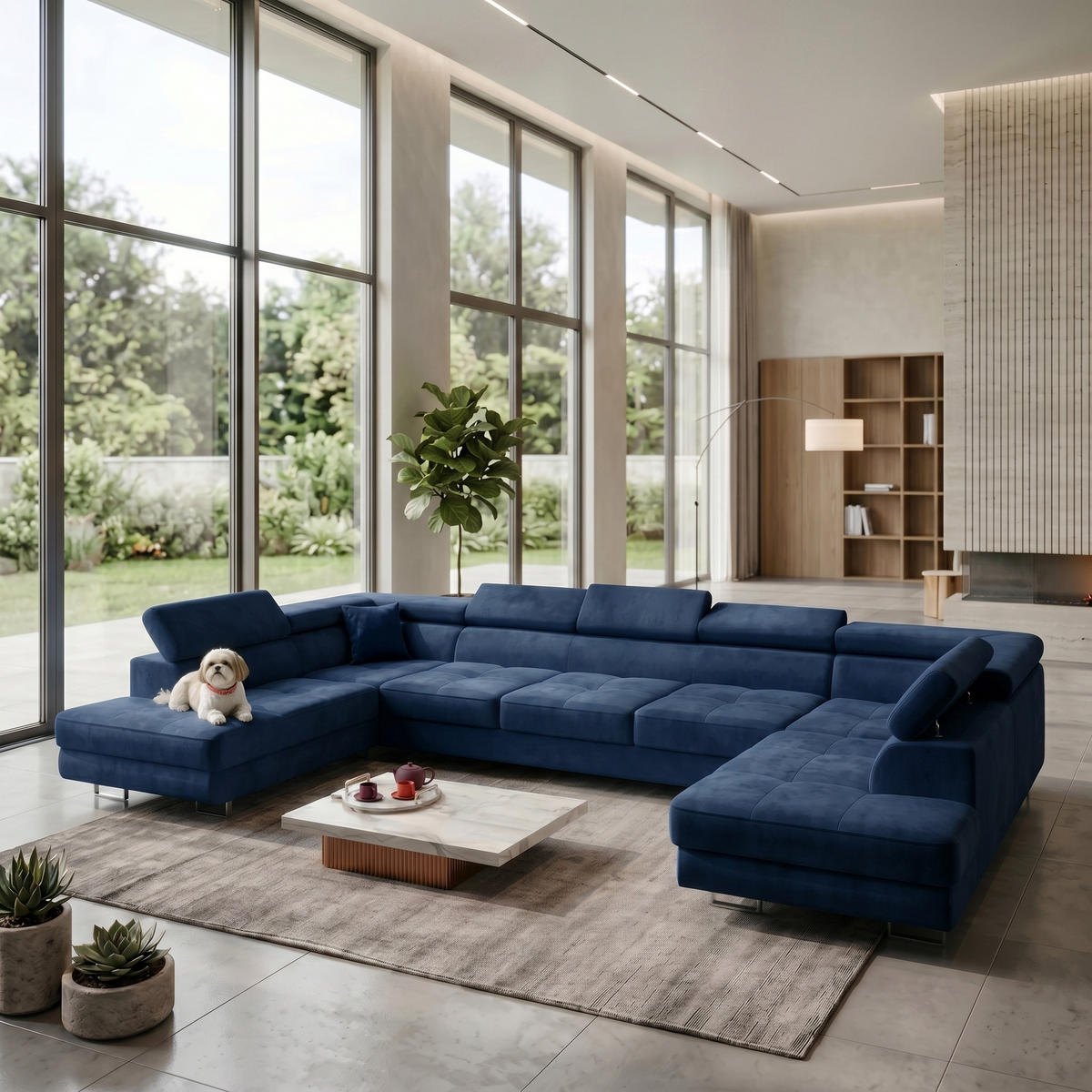ECKSOFA U-Form WILD MAXI U2 mit Schlaffunktion 125x329 Velours Dunkelblau - Chromfarben/Dunkelblau, Holz/Textil (400/90/203cm) - Muffo