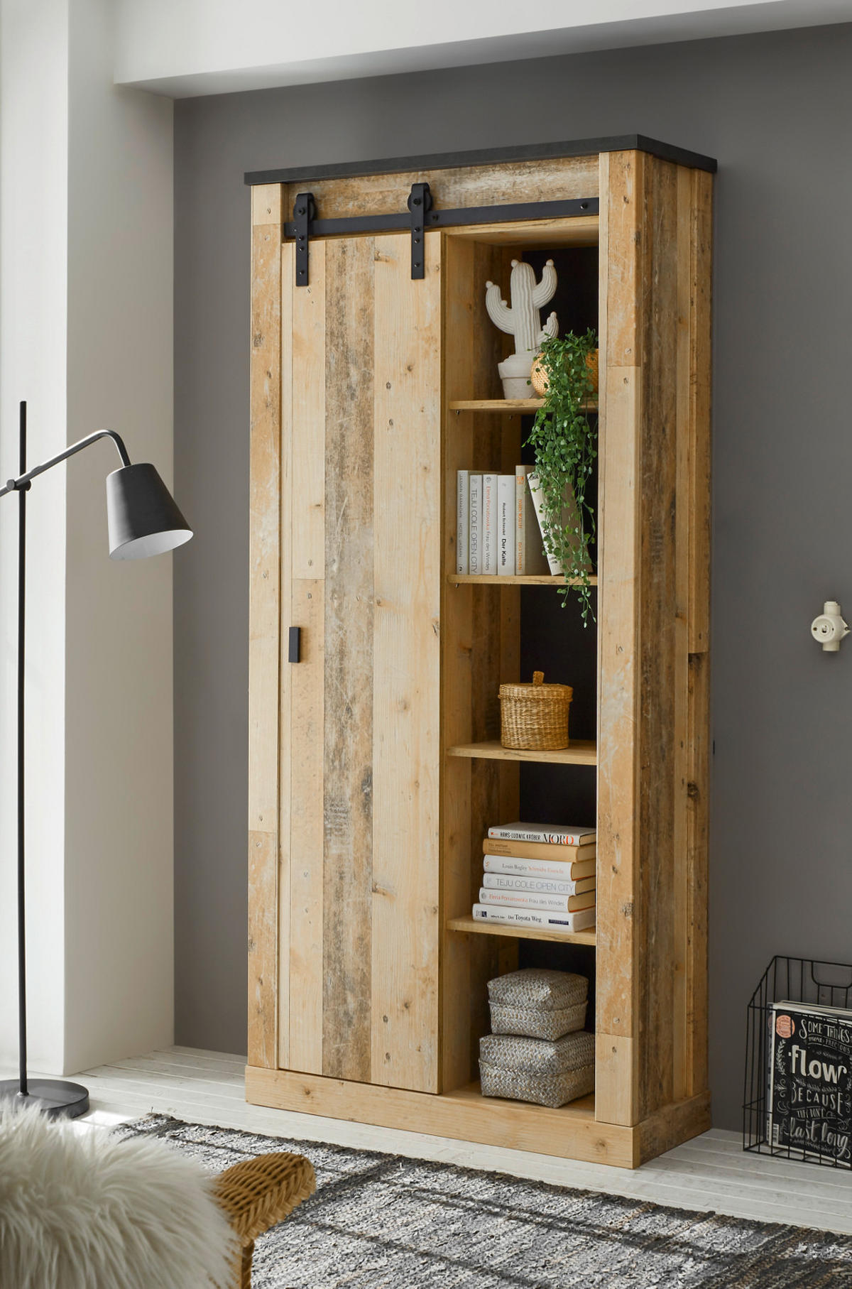 STAURAUMSCHRANK Used Wood hell, anthrazit, Mehrzweckschrank mit Schiebetür - Anthrazit/Schwarz, Holzwerkstoff/Metall (93/201/38cm) - Furn.Design