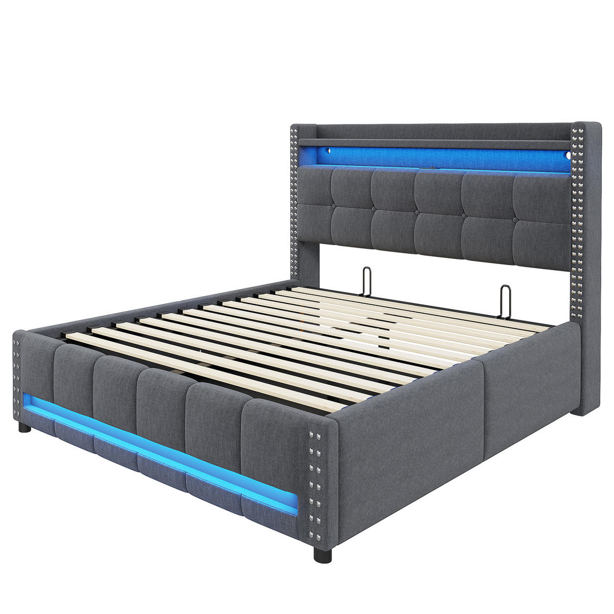 POLSTERBETT 140/200 cm mit Bettkasten, LED-Beleuchtung und USB-Anschluss - Grau, Textil (140/200cm) - BEAOK