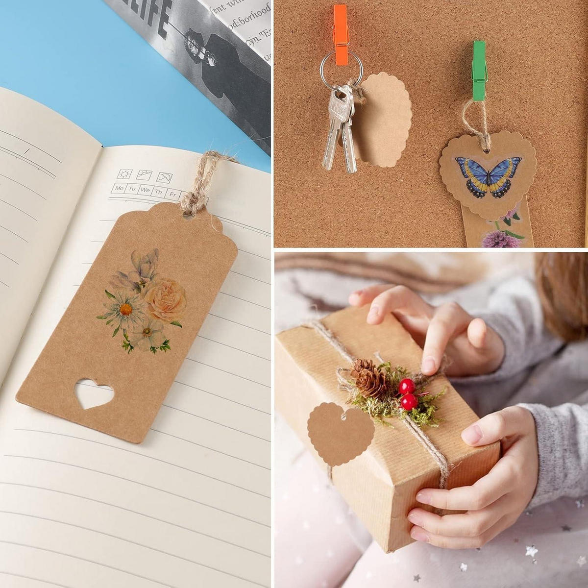 GESCHENKANHÄNGER 100er Set Kraftpapier mit Juteschnur - Multicolor, Papier (4/1.5/9cm)