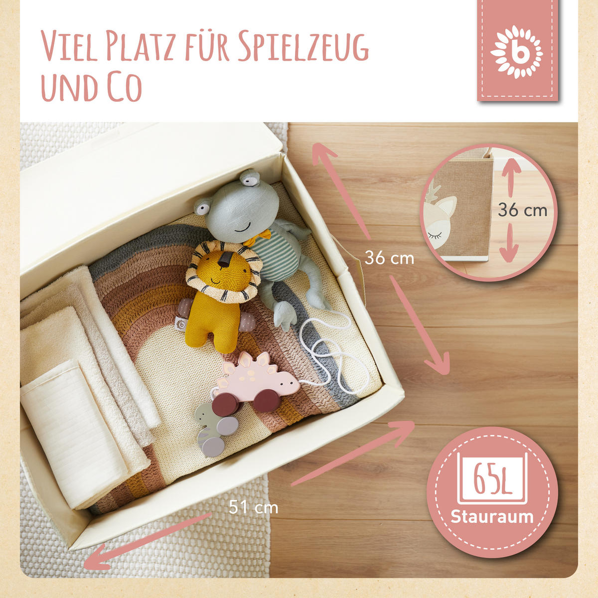 AUFBEWAHRUNGSBOX mit Deckel 65L, faltbar - Beige, Textil (51/36cm) - Bieco Spielwaren