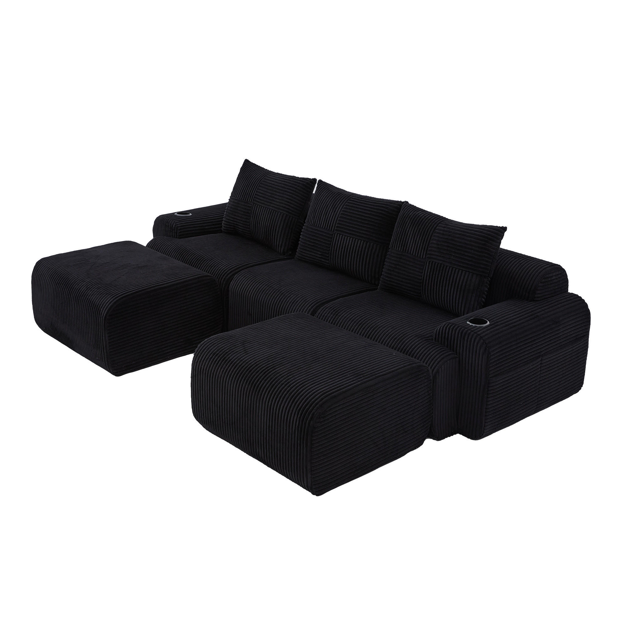WOHNLANDSCHAFT 268/174/66 cm in Schwarz, modular mit 2 Hockern und Cupholder - Schwarz, Textil (174/80/268cm) - Flora Grace