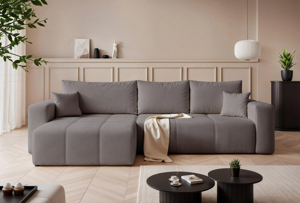 ECKSOFA XL Velours mit Bettkasten und Schlaffunktion - Dunkelgrau, Holzwerkstoff/Textil (278/145cm) - Idohome