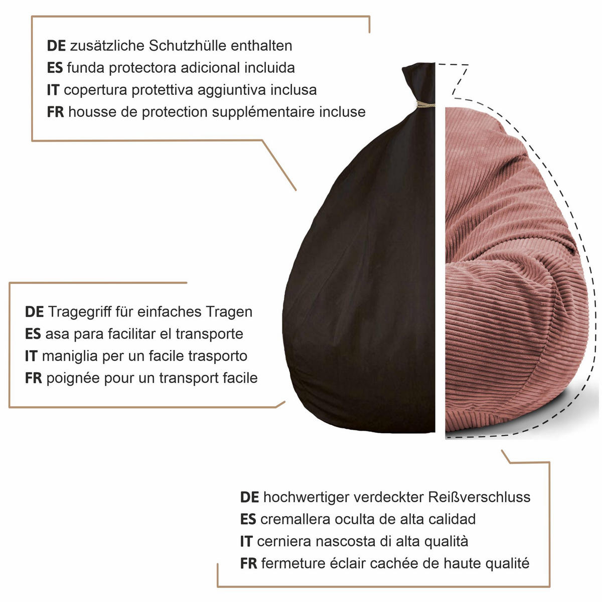 SITZSACK PARADISE MIT FUßSTÜTZE Kordsamt 2-tlg Ginger Spice M - Pink/Cognac, Textil (90/100/90cm) - Dreamroots