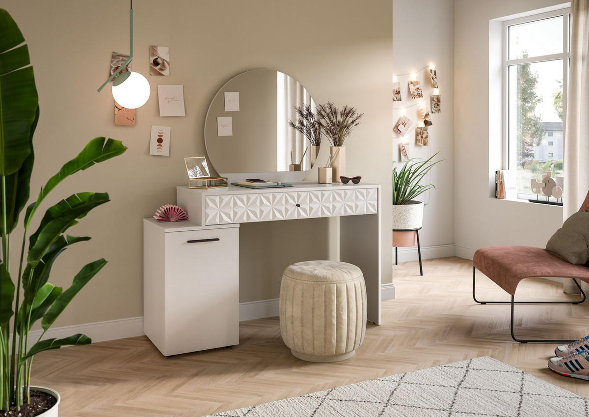 SCHMINKTISCH Prisma Schminktisch in weiß Melamin und weiß hochglanz B/H/T: 117x137x42 cm - Weiß, Holzwerkstoff (117/138/42cm)