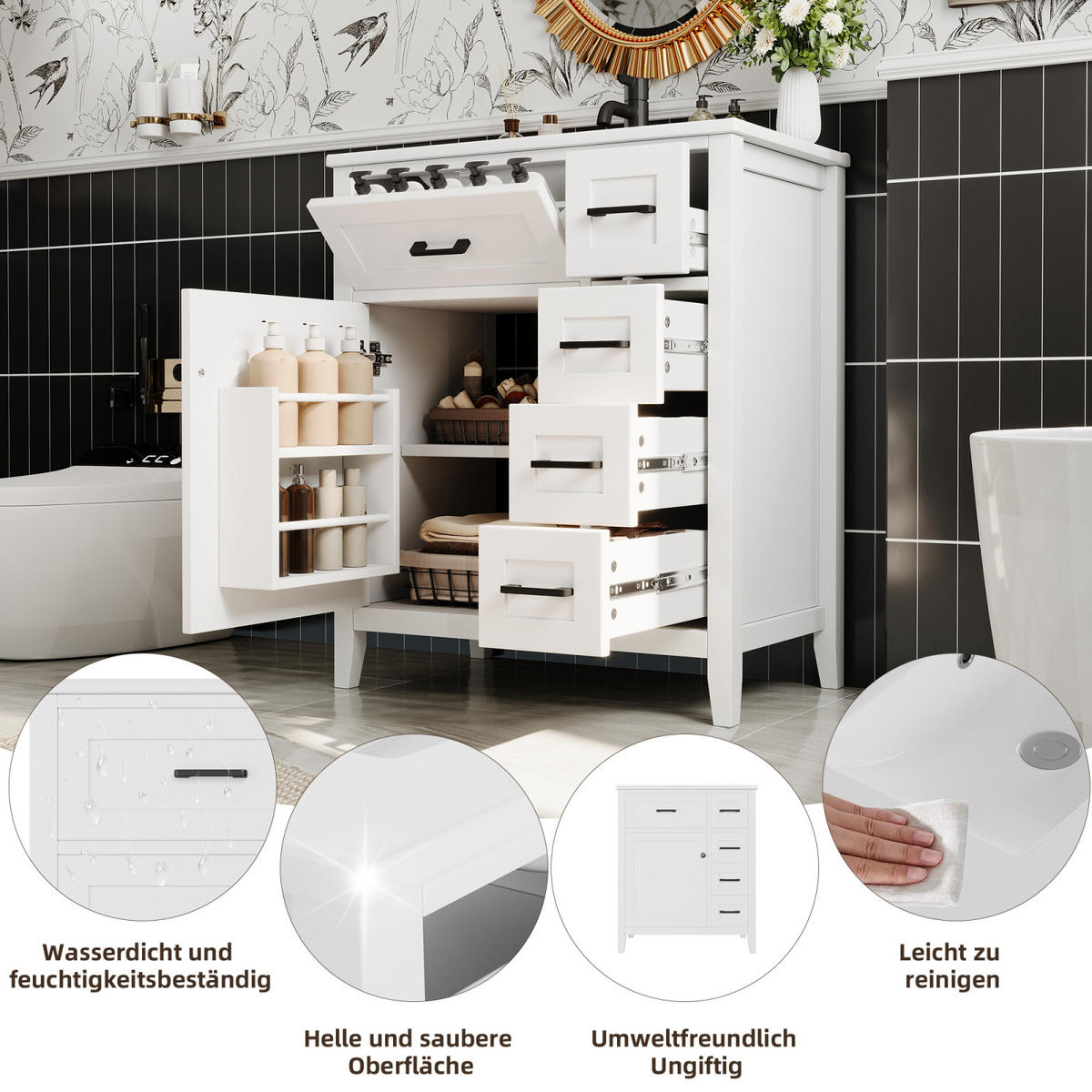 BADEZIMMERWASCHTISCH mit Keramikbecken und 4 Schubladen - Weiß, Holz/Metall (76/90/46cm) - PARAFTA HOME