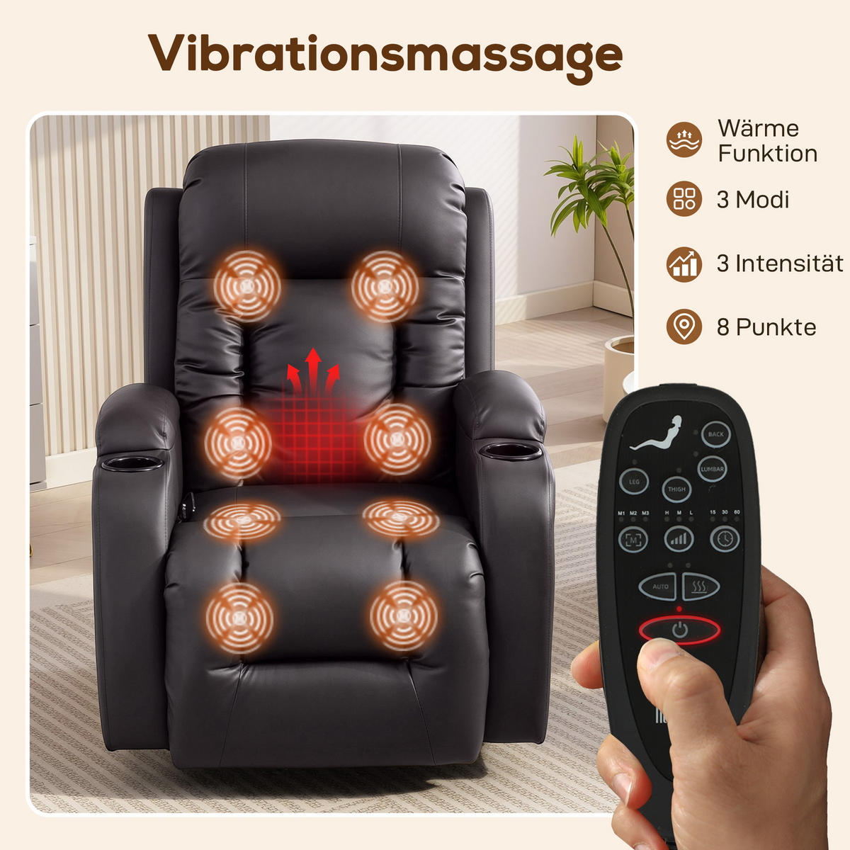 RELAXSESSEL elektrisch verstellbar Massagesessel mit Liegefunktion, Heizung - Dunkelbraun/Hellgrau, Textil (82/103/99cm) - HOMCOM