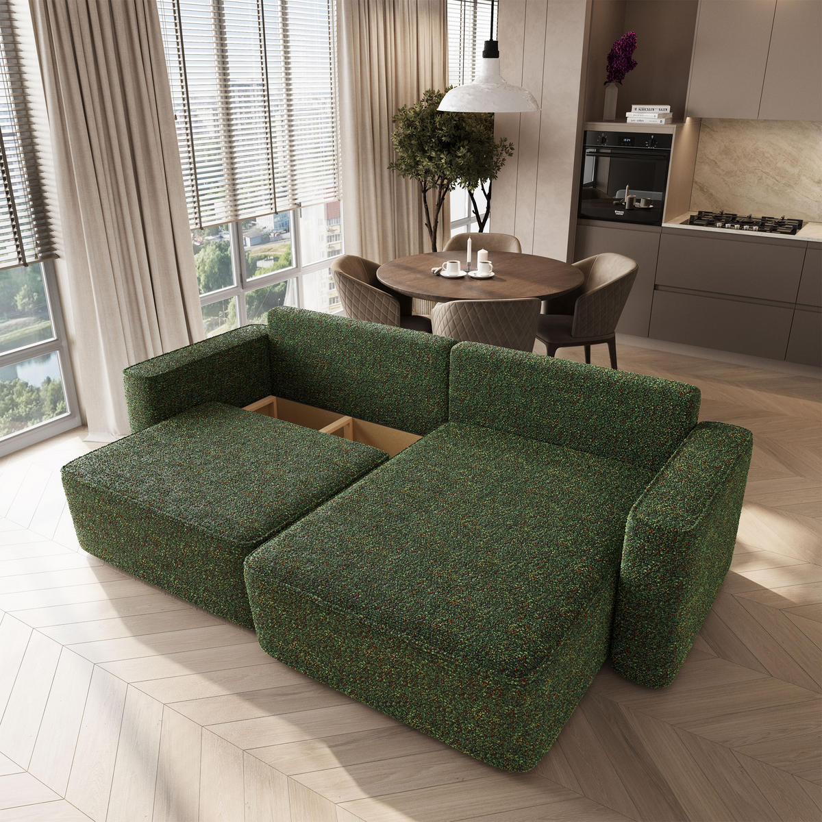 ECKSOFA BELISE BL Grün Chenille mit Schlaffunktion - Grün, Holz/Textil (252/162cm) - MASSENO