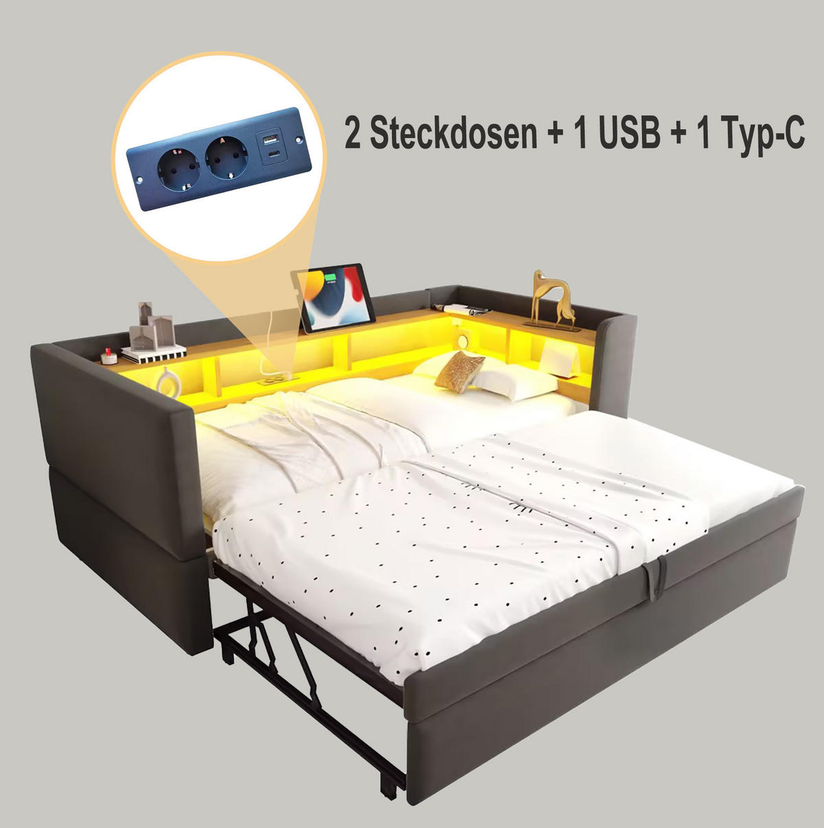 ROZKLÁDACÍ pohovka 90/180x190 cm tmavě šedá z flanelu s LED osvětlením a úložnými policemi - tmavě šedá, textil (90/190cm) - OKWISH