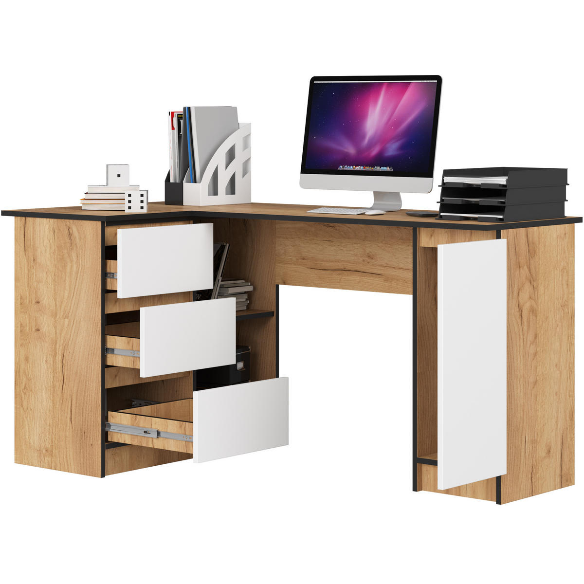ECKSCHREIBTISCH Eichefarben, Weiß 155x85x77 cm - Eichefarben/Weiß, Holzwerkstoff (85/155/77cm) - Akord
