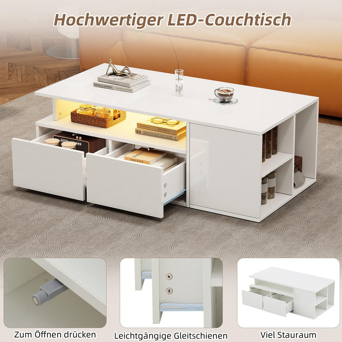 COUCHTISCH 100/50/35 cm in Weiß mit LED-Beleuchtung und 2 Schubladen - Weiß, Holzwerkstoff (100/50/35cm) - Flora Grace