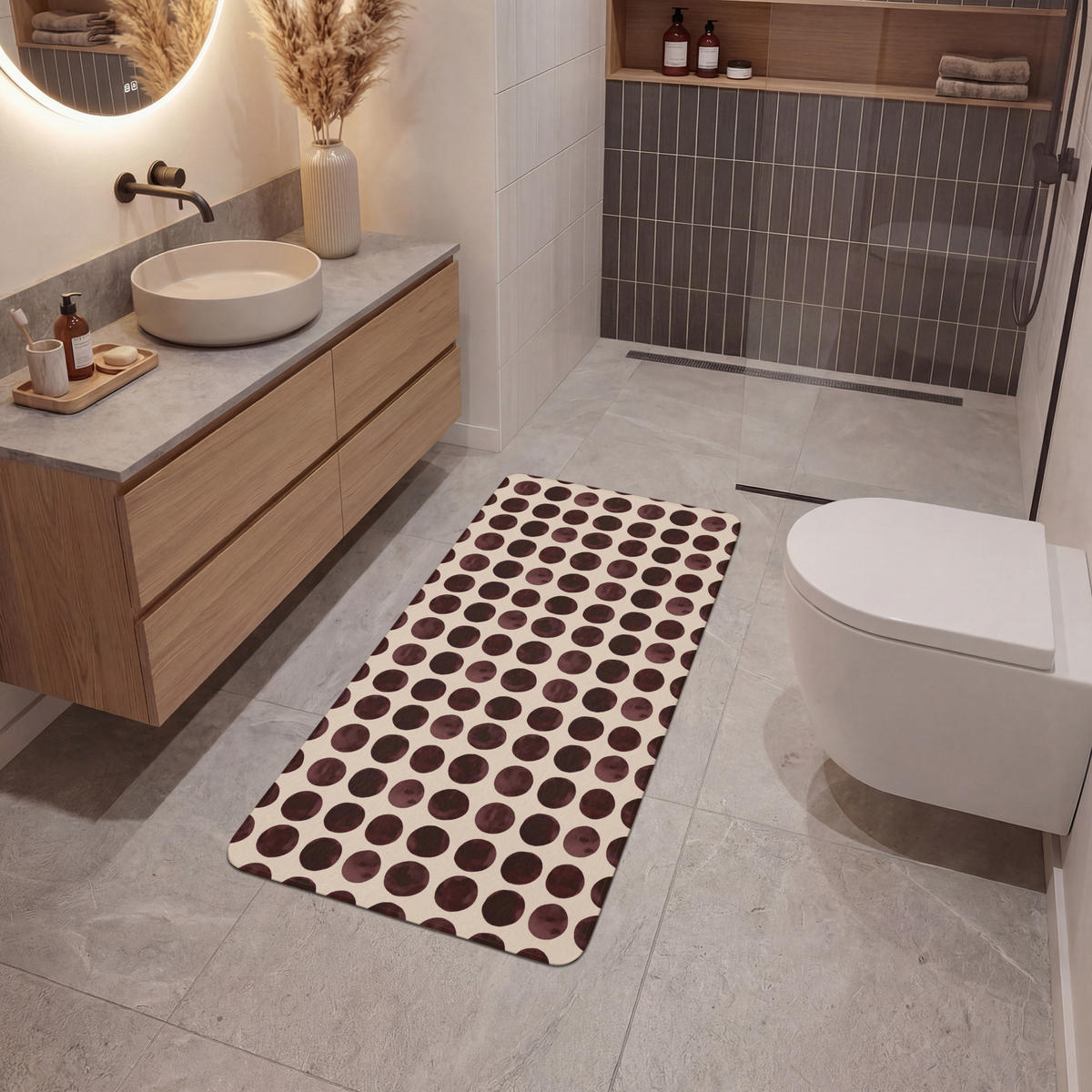 KOUPELNOVÁ PŘEDLOŽKA Puntíky - Vzor - Hnědý 60x120 cm - bordeaux, textil/plast (60/120cm)