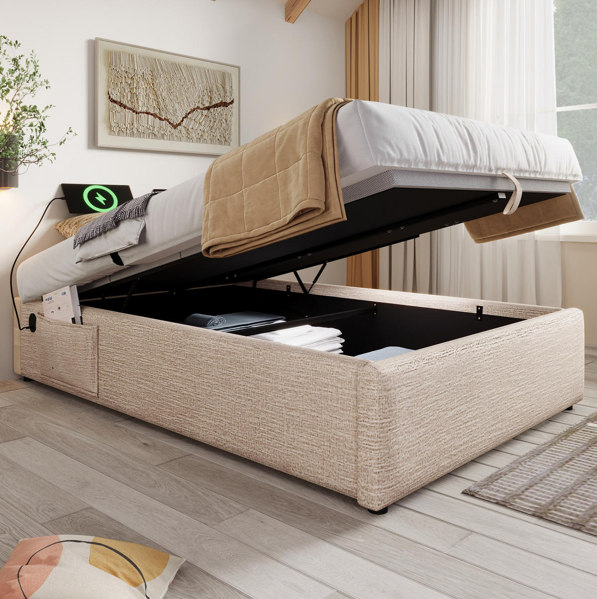 BETT mit Stauraum 90x200 cm Leinen Beige+Natural - Beige, Metall (90/200cm) - Meubliv