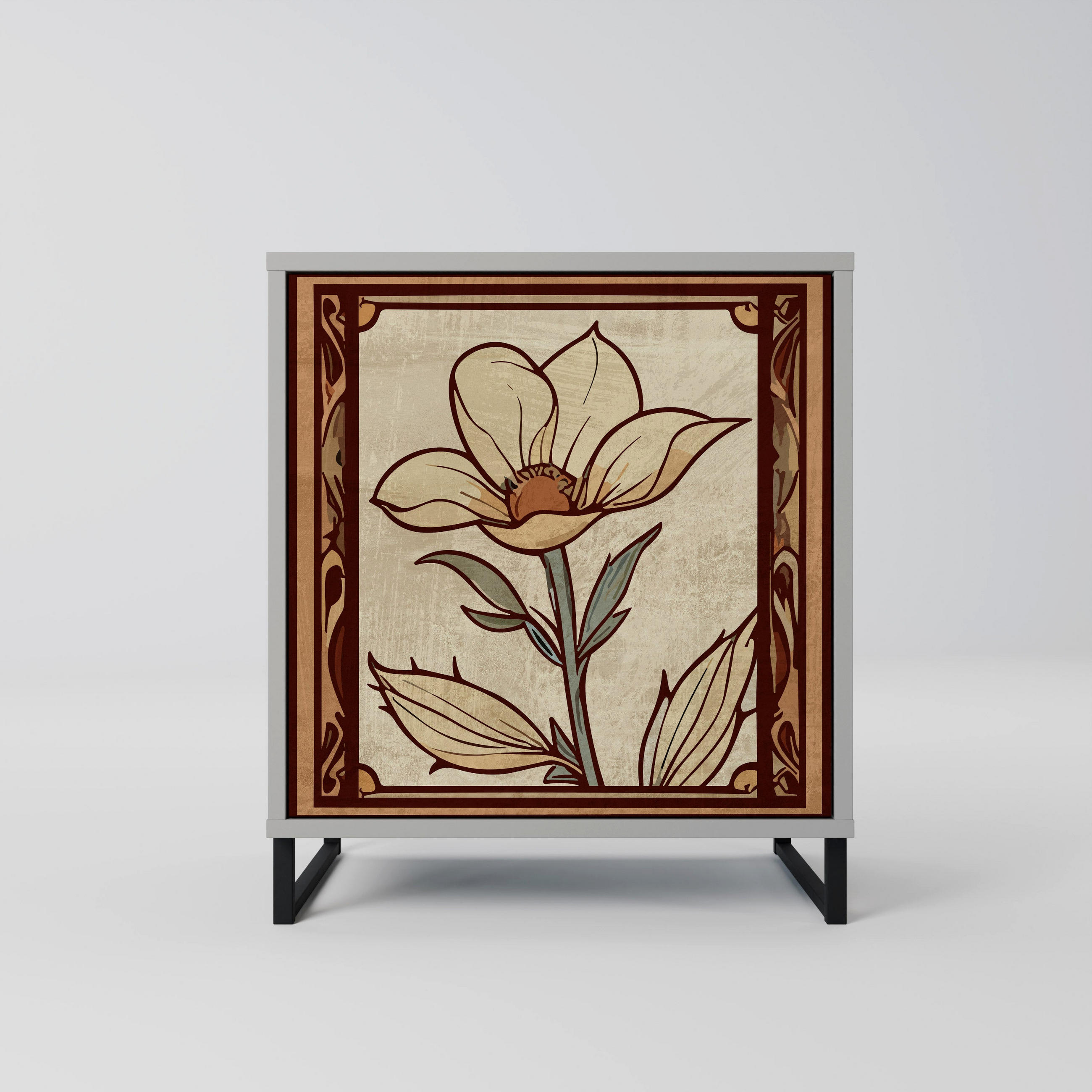 SIDEBOARD TIMELESS FLORA, Grau, 57,5x42x67,5 cm, Schwarze Metall-Rahmenfüße - Multicolor/Schwarz, Holzwerkstoff/Metall (57.5/67.5/42cm) - SpaceRebels