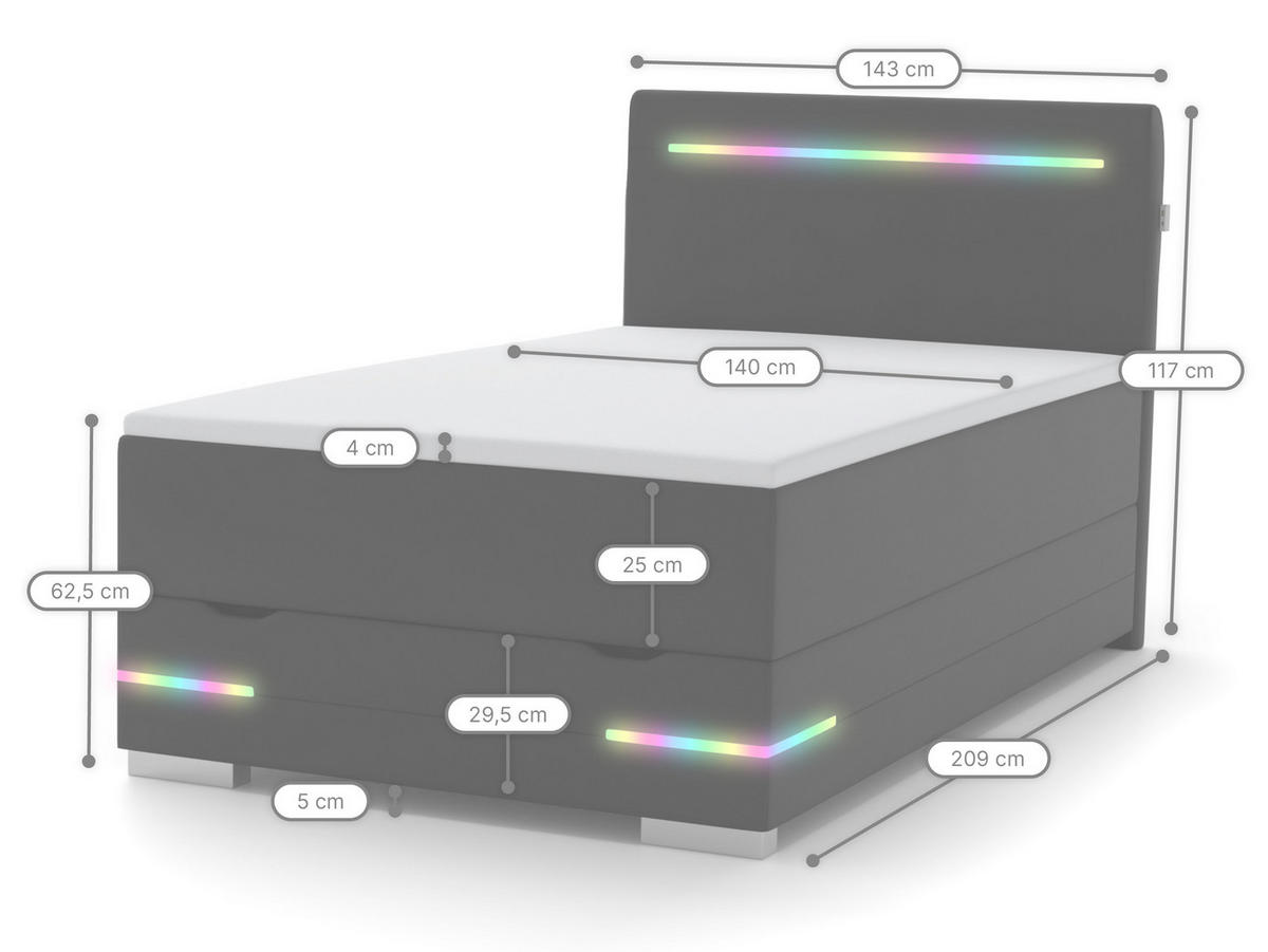 BOXBETT Texas weiß 140/200 cm LED Kunstleder - Weiß, Holz/Textil (140/200cm) - wonello