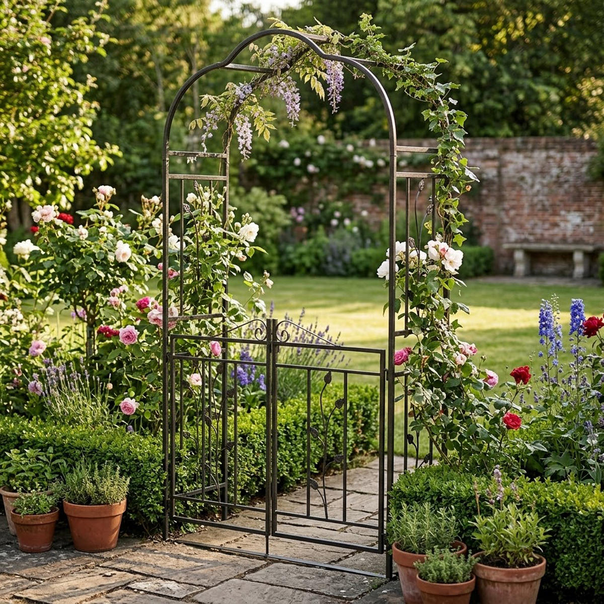 ROSENBOGEN Bury - Rankhilfe mit Oberteil und Doppel-Torpforte. Seitenteile und Tor mit Blumenverzierung. BxTxH: 120x40x220 cm - Schwarz, Metall (120/220/40cm) - TPFGarden