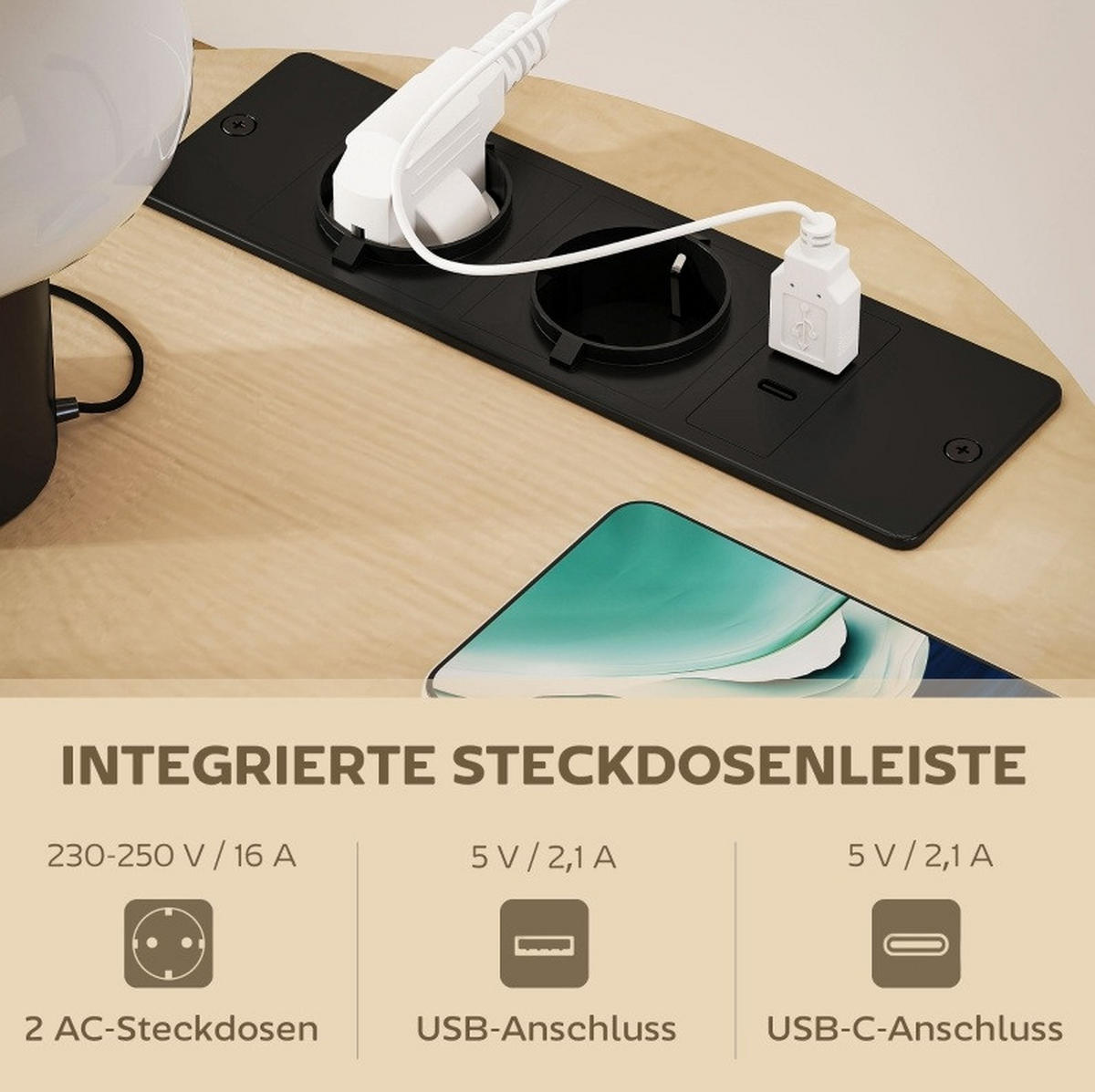 BEISTELLTISCH 50/50/55,1 cm Naturholz aus Holz und Metall mit Steckdosenleiste - Naturfarben, Holz (50/50/55.1cm) - OKWISH