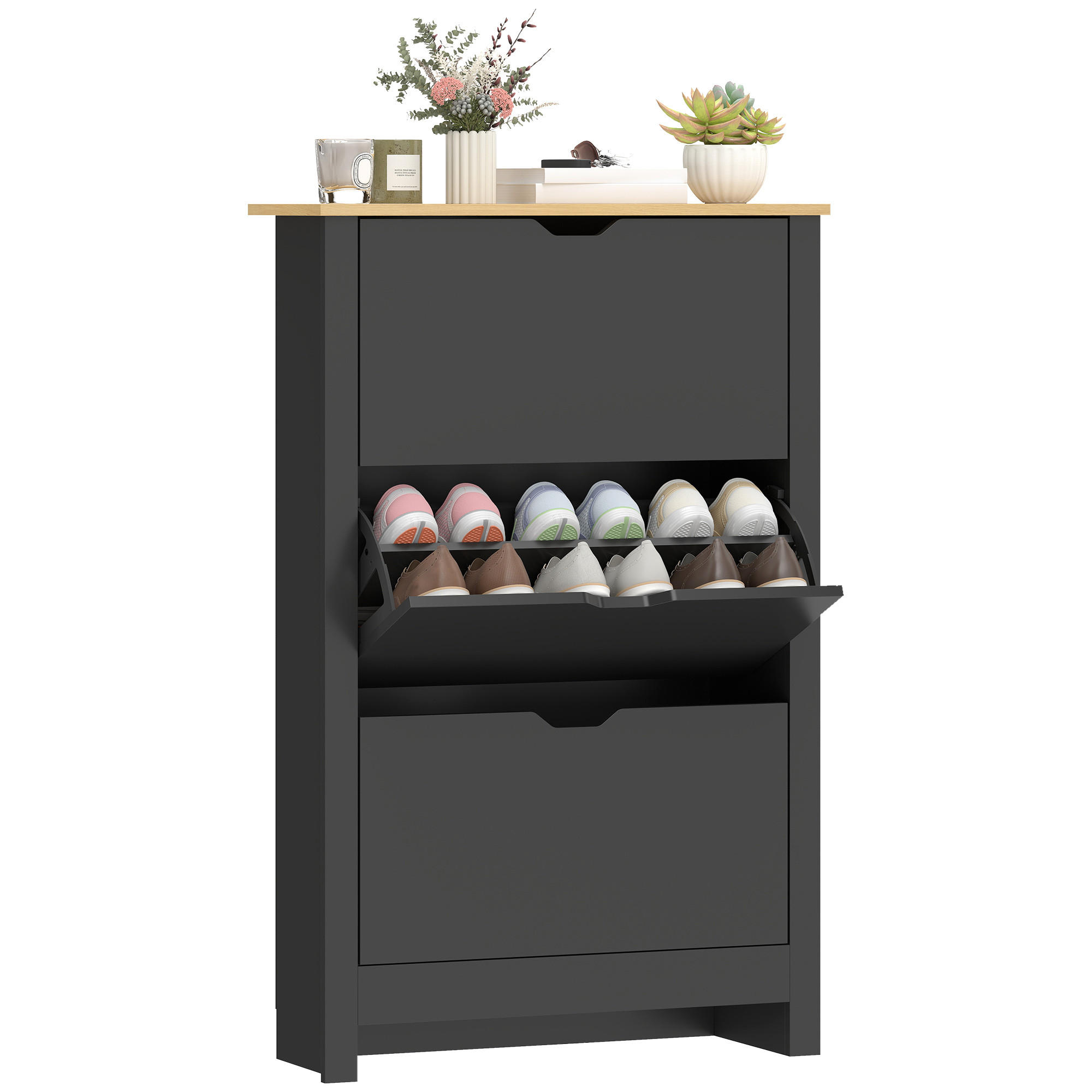 SCHUHSCHRANK Schwarz Eiche Spanplatte mit 3 Klappen platzsparend 1 Stück - Schwarz, Holz (72/112/26cm) - PANGIVO