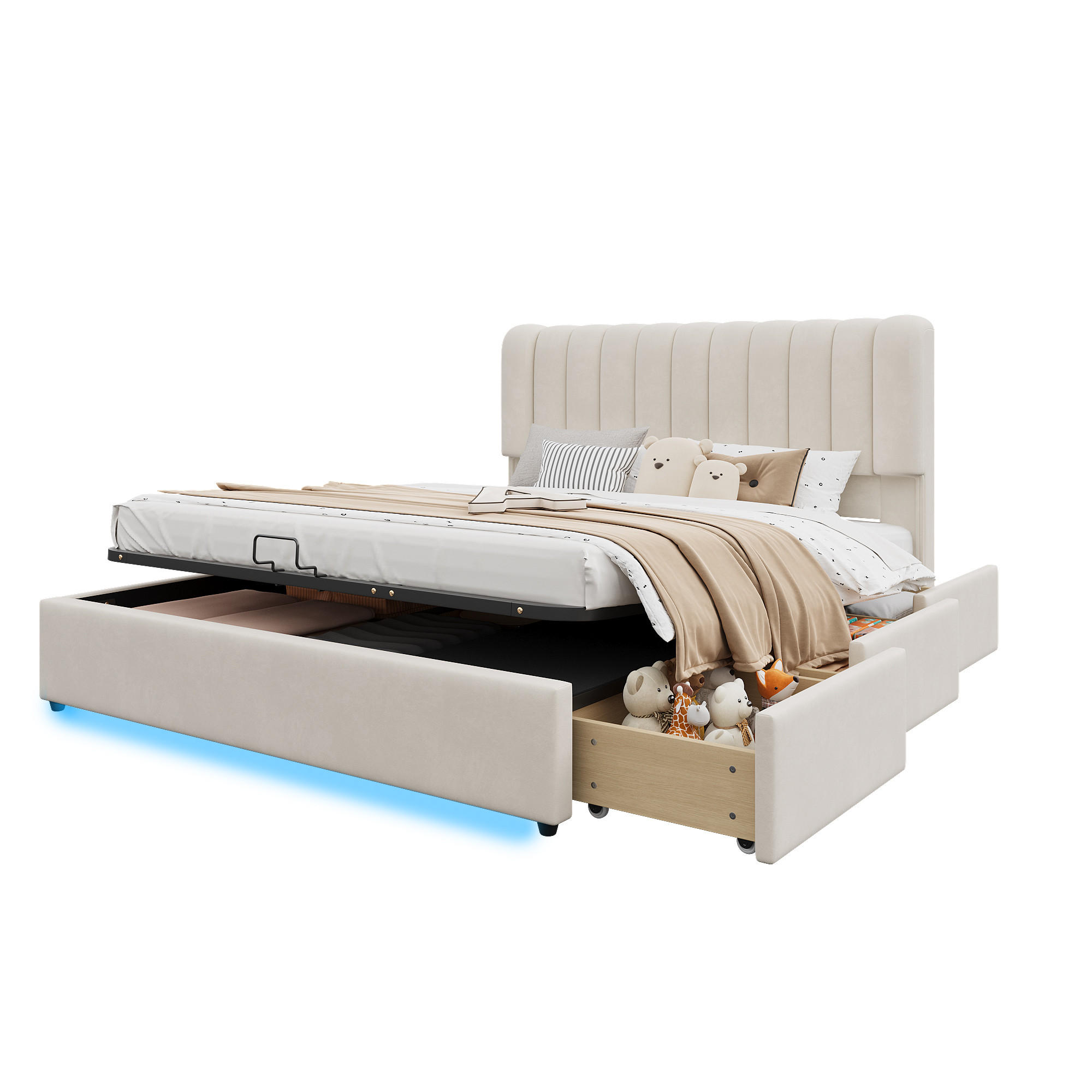 POLSTERBETT 140/200 cm in Beige mit Bettkasten, 3 Schubladen und LED aus Samt - Beige, Holzwerkstoff/Textil - STILVORA