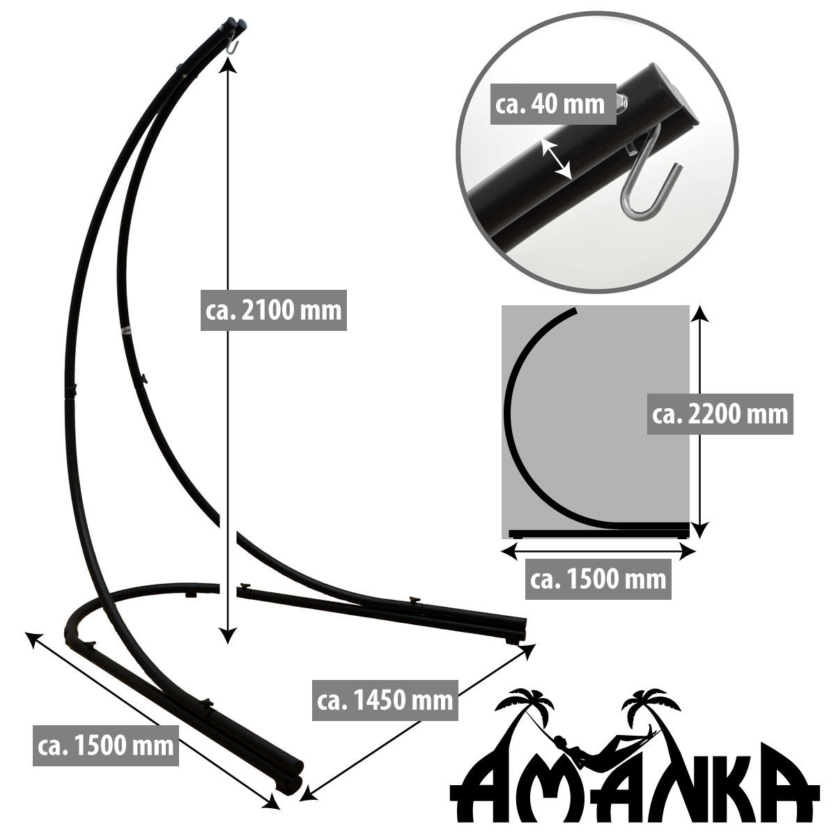 XL-HÄNGESESSELGESTELL, 210cm, bis 150kg, Schwarz - Schwarz, Metall (160/140/210cm) - Amanka