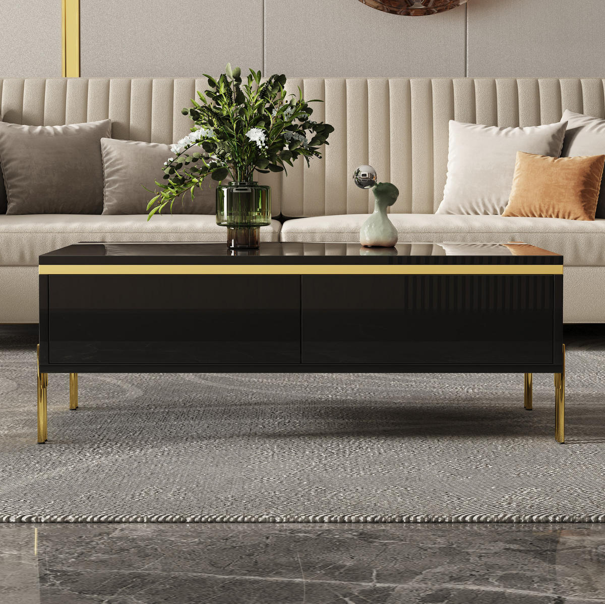 COUCHTISCH 100/50/36 cm in Schwarz mit Hochglanz und Doppelschubladen - Schwarz, Holzwerkstoff (100/50/36cm) - Flora Grace