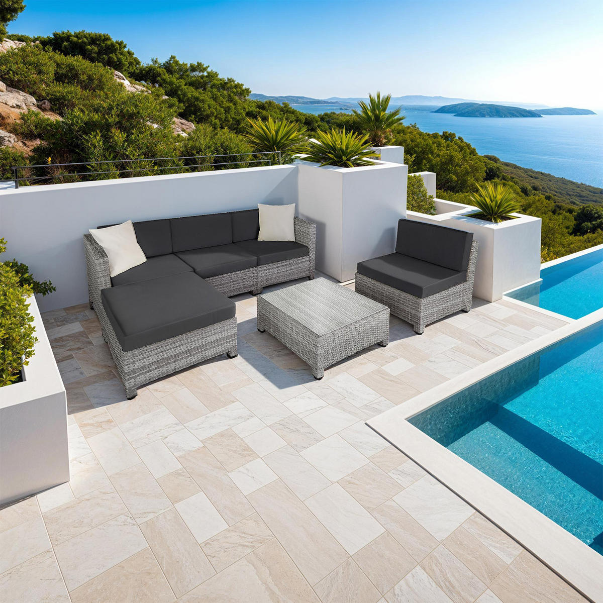 RATTANLOUNGE , mit Sicherheitsglasplatte, hellgrau - Hellgrau, Kunststoff - tectake