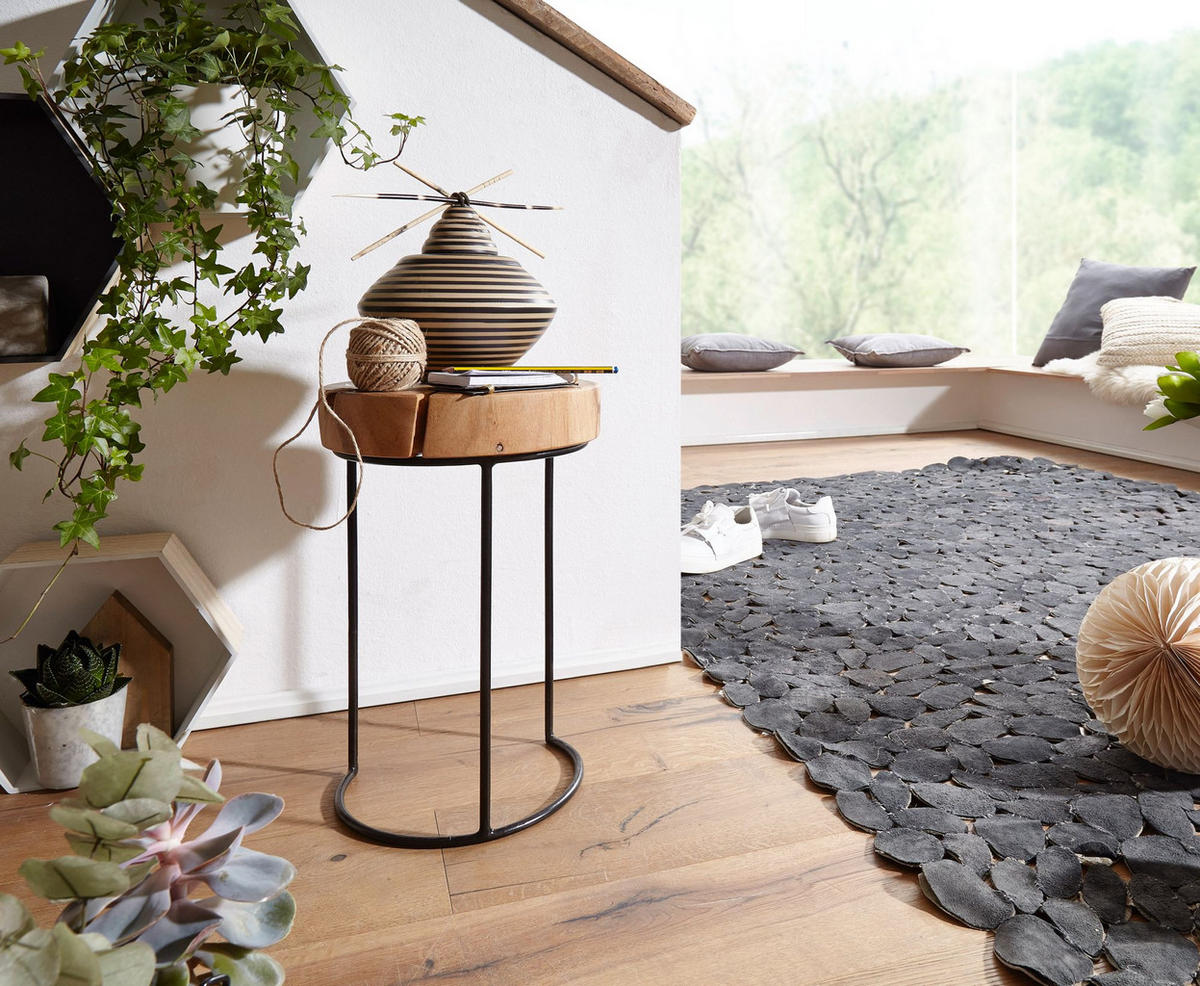 BEISTELLTISCH Massivholz Metallgestell Baumstammplatte Landhausstil INDI, Beige 28x28x45 cm - Beige/Schwarz, Holz/Metall (28/28/45cm) - KADIMA DESIGN