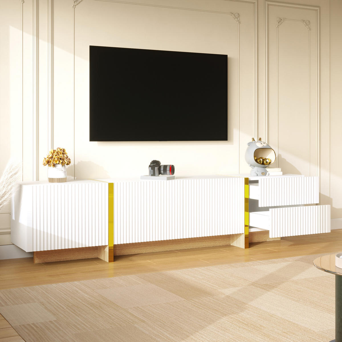 TV-RACK 190cm WeißGold Holzmaserung Mit 3 Türen Und 2 Schubladen - Weiß, Holz (44.48/17.48/103.48cm) - Raelunyi